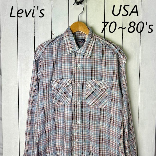 sh●A17 USA古着 70s~80s USA製 Levis 薄手 エポーレット付 チェックシャツ L程度 オールド ヴィンテージ リーバイス 長袖 ポリコットン拍卖