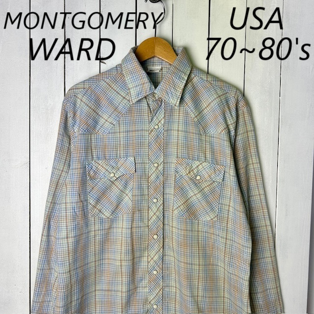 sh●A19 USA古着 70s モンゴメリーWARD チェックウエスタンシャツ L オールド ヴィンテージ アメリカ古着 長袖 薄手 ポリコットン拍卖