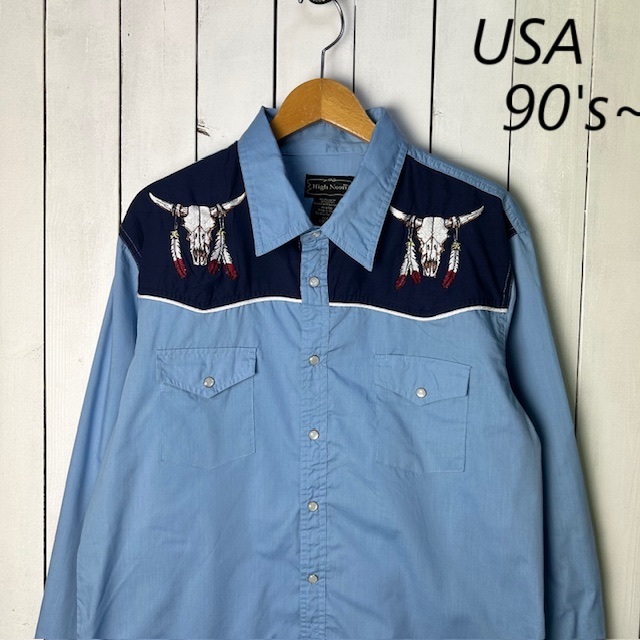 sh●A20 USA古着 90s~ 2トーン切替え 刺繍入りウエスタンシャツ L~XL オールド ヴィンテージ アメリカ 長袖 ポリコットン ホーンスカル拍卖