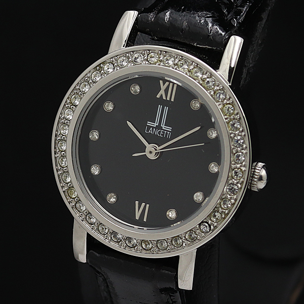 保/箱付 稼働 良品 ランチェッティ ストーンベゼル 石付黒文字盤デイト QZ レディース腕時計 NSY 2000000 NSK拍卖