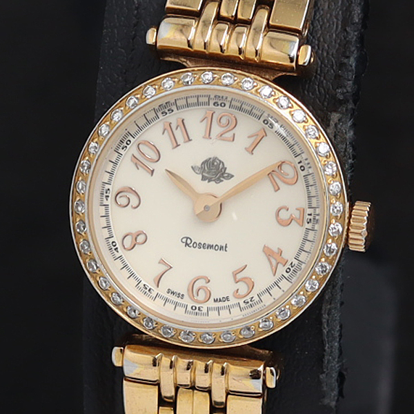 箱/保/5コマ/説明書付 稼動 Rosemont QZ 07034122 アイボリー文字盤 ラウンド ダイヤベゼル レディース腕時計 2000000 NSK OMI拍卖
