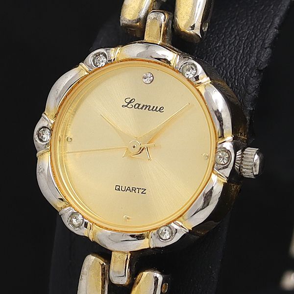 稼働 良品 ラムー ジェイアクシス 20/520-W QZ ゴールド文字盤 石付 1P ストーンベゼル レディース腕時計 OSW 2000000 NSK拍卖