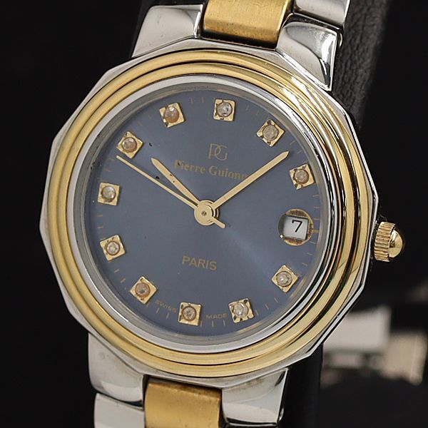 稼動 良品 ピエールギオネ QZ デイト 837-06 石付き 青文字盤 レディース腕時計 2000000 NSK INU拍卖