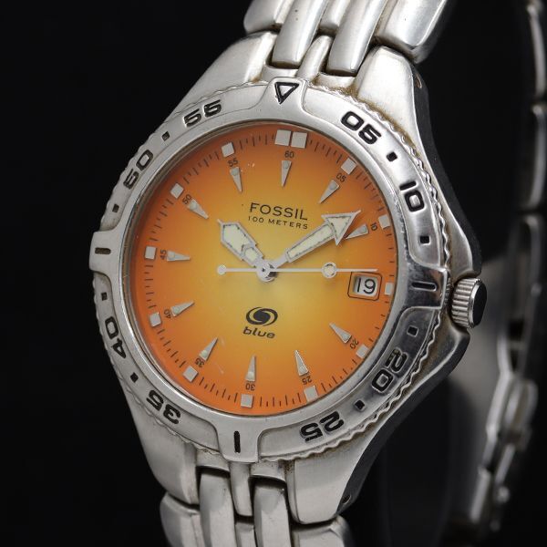 稼働 フォッシル AM-3575 ラウンド デイト QZ オレンジ文字盤 メンズ腕時計 TKD 2000000 NSK拍卖