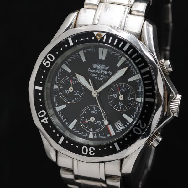 稼働 シャルルホーゲル CV-7995 ラウンド デイト クロノグラフ QZ ブラック文字盤 メンズ腕時計 TKD 2000000 NSK拍卖
