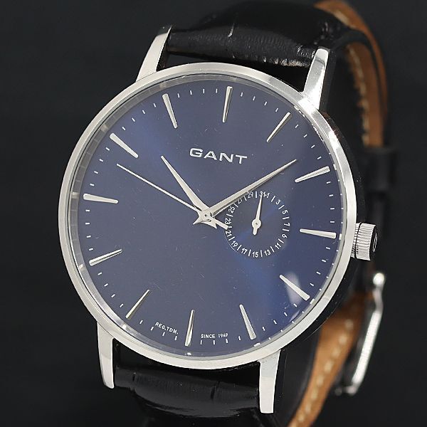 稼動 QZ 良品 箱付 GANT 1084 ラウンド ネイビー文字盤 デイト メンズ腕時計 KRK 2000000 NSK拍卖