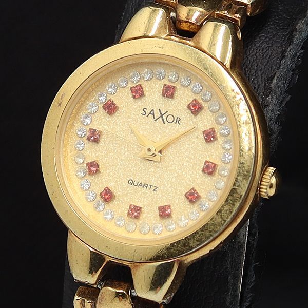 稼働 良品 サクソール QZ ゴールド文字盤 ラウンド 石付き レディース腕時計 OSW 2000000 NSK拍卖