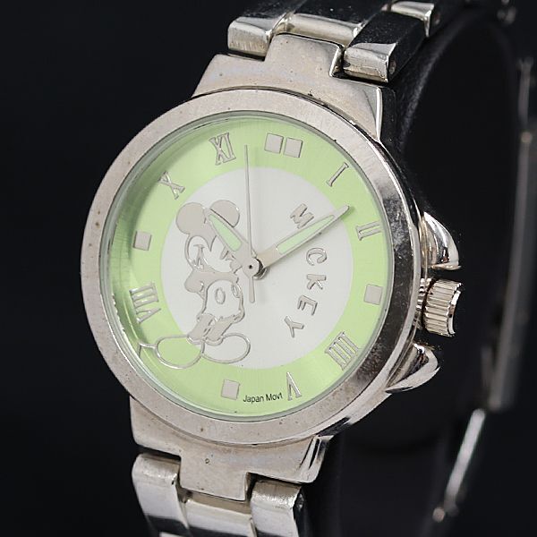 稼動 良品 ミッキーマウス QZ ディズニー ラウンド グリーン×シルバー文字盤 レディース腕時計 YUM 2000000 NSK拍卖