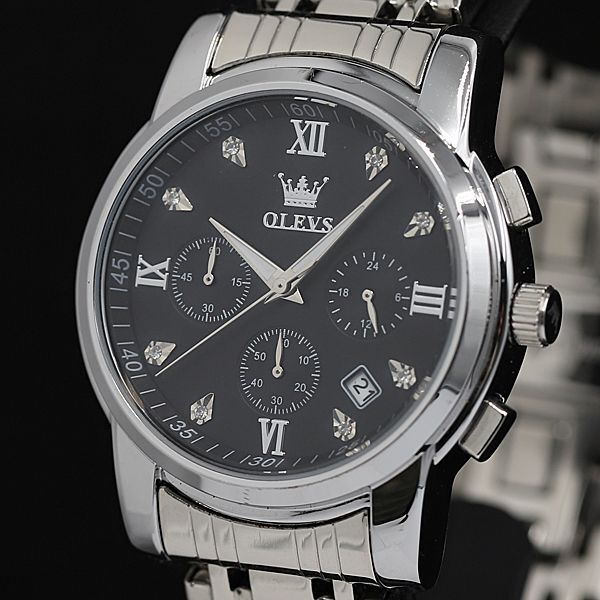 稼働 良品 OLEVS QZ 2858G ネイビー文字盤 ラウンド クロノグラフ デイト メンズ腕時計 TCY2000000 NSK拍卖