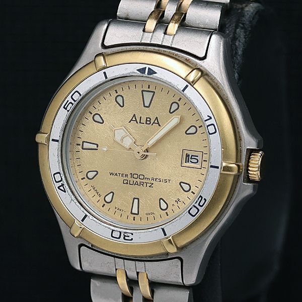 稼働 セイコー アルバ V247-0190 QZ ゴールド文字盤 デイト ラウンド レディース腕時計 DOI 2000000 NSK拍卖