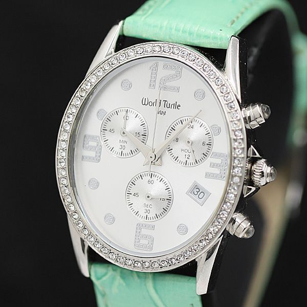 ワールドタートル トラスト QZ シルバー文字盤 デイト クロノグラフ ラウンド ベゼル石付 レザーベルト メンズ腕時計 DOI 2000000 NSK拍卖