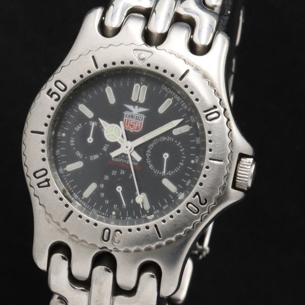 稼働 エルジン FK-553-MA クロノグラフ QZ ブラック文字盤 メンズ腕時計 TKD 2000000 NSK拍卖