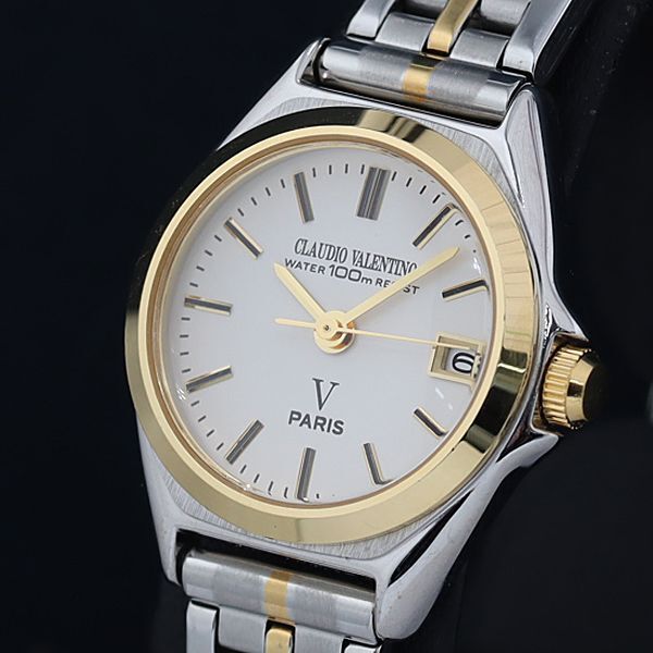 箱付き 稼動 良品 クラウディオ ヴァレンチノ QZ 100M ラウンド デイト アイボリー文字盤 レディース腕時計 INB 2000000 NSK拍卖