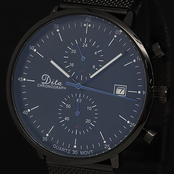 美品 箱付 サンダ QZ ディータ クロノグラフ デイト ラウンド 黒文字盤 メンズ/レディース腕時計 2000000 NSK INU拍卖