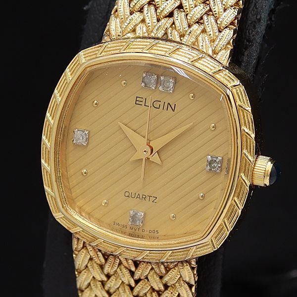 良品 エルジン QZ スクエア FK267 金 ゴールド文字盤 4Pダイヤ レディース腕時計 KMR拍卖