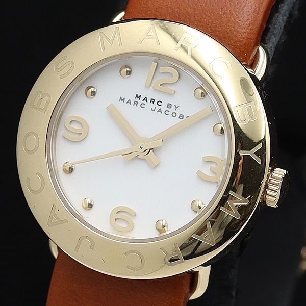保/箱付 稼働 良品 マークバイマークジェイコブス MBM575 QZ ホワイト文字盤 レザーベルト レディース腕時計 DOI NBY0826拍卖
