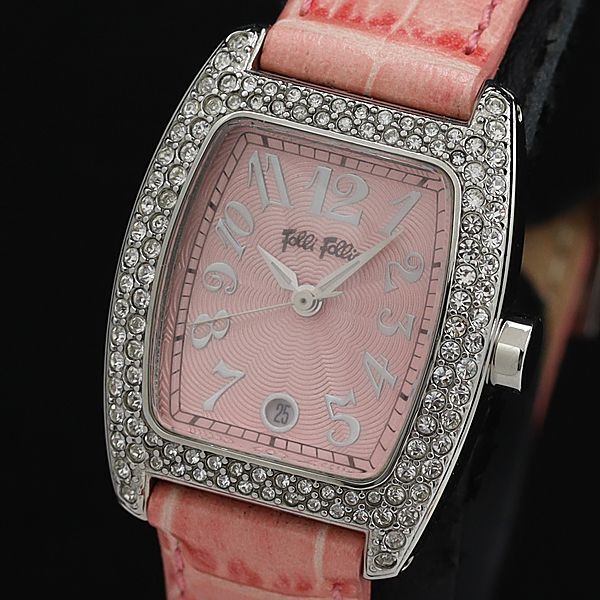 保/箱付 稼働 良品 フォリフォリ QZ ピンク文字盤 デイト ベゼル石付 レザーベルト レクタンギュラー レディース腕時計 DOI NBY0826拍卖
