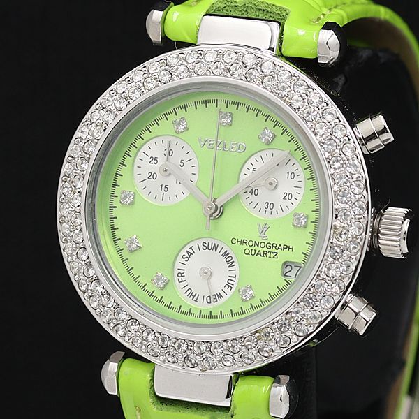 VEZLED 石付 クロノグラフ デイト QZ ミントグリーン文字盤 レディース腕時計 SGN拍卖