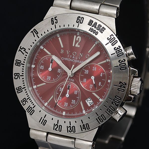 良品 箱/コマ1/保付 BVONO QZ クロノグラフ デイト 赤文字盤 メンズ腕時計 2000000 NSK MTM拍卖