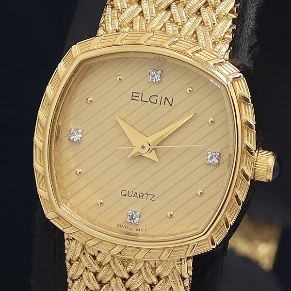 稼動 良品 QZ エルジン FK 267 スクエア 石付 ゴールド文字盤 レディース腕時計 OKZ拍卖