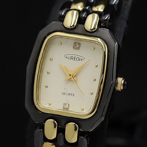 稼働 オレオール QZ アイボリー文字盤 SS GP ブラック スクエア 2P石 レディース腕時計 KMR 2000000 NSK拍卖