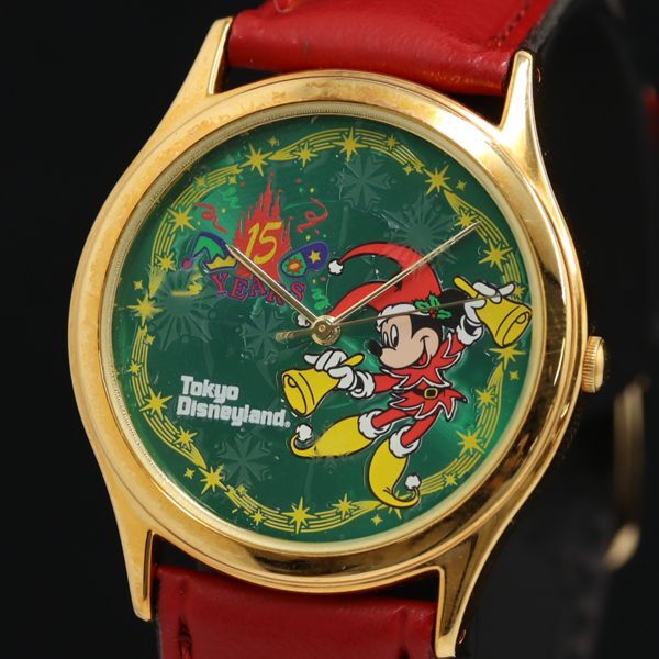 稼動 良品 ディズニーランド 15周年 クリスマスファンタジー Y136-6020 QZ グリーン文字盤 ミッキーマウス レディース腕時計 OGI 2000000拍卖