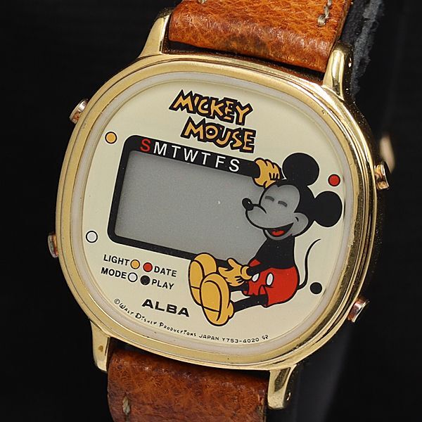 セイコー アルバ Y753-4039 ミッキーマウス QZ デジタル文字盤 アイボリー レザーベルト レディース腕時計 DOI拍卖