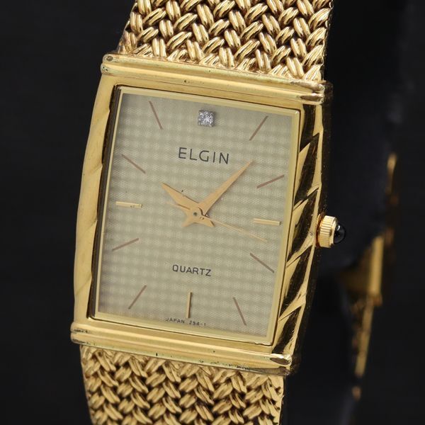 稼働 エルジン FK254 石付 スクエア QZ ゴールド文字盤 レディース腕時計 TKD2000000拍卖