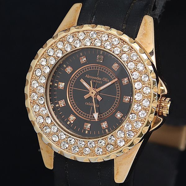 稼動 良品 QZ アレサンドラオーラ ダイヤベゼル 石付 CB-201L-1 黒文字盤 レディース腕時計 OKZ 2000000拍卖