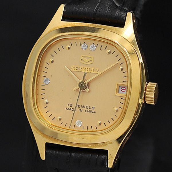 稼動 QZ 良品 シーガル 5024 ゴールド文字盤 石付 デイト レディース腕時計 OKZ 2550000拍卖