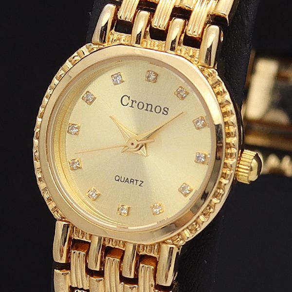 稼働 良品 クロノス QZ ゴールド文字盤 石付 ラウンド レディース腕時計 NSY拍卖