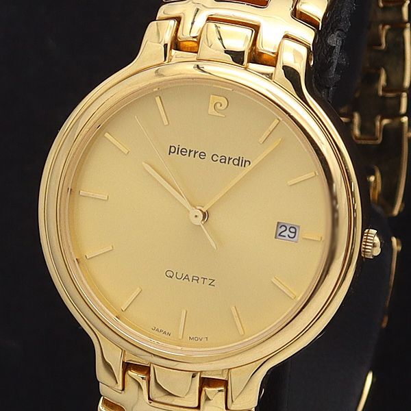 稼働 良品 ピエールカルダン QZ ゴールド文字盤 デイト ラウンド メンズ腕時計 KNK拍卖