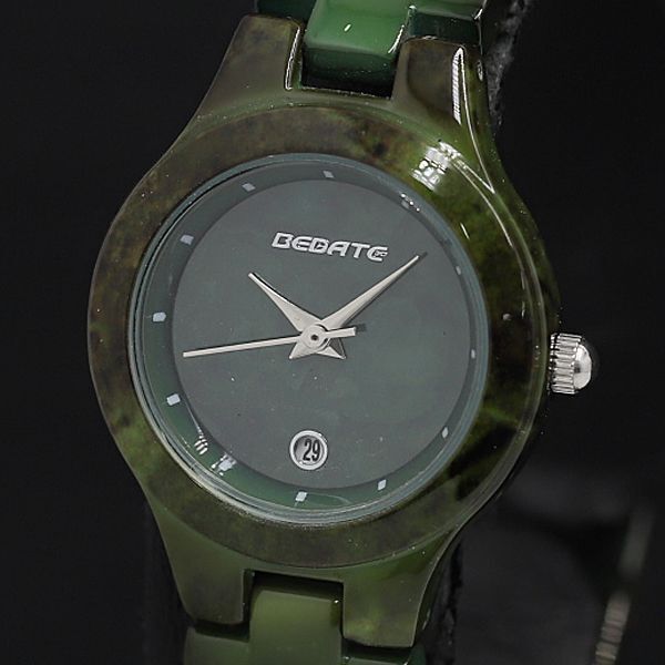 稼働 QZ 新品同様 BEDATE 緑文字盤 デイト レディース腕時計 2000000 KRK拍卖