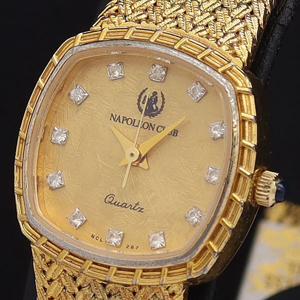 稼働 良品 ナポレオンクラブ QZ L287 ゴールド文字盤 石付 スクエア レディース腕時計 NKG拍卖