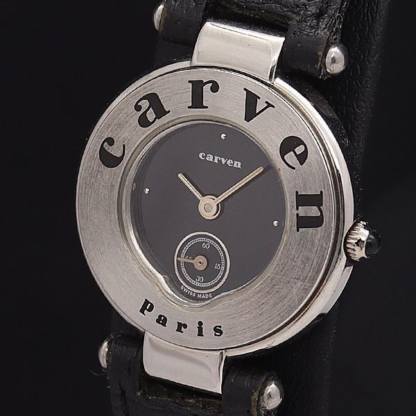 稼働 良品 カルヴェン QZ 26-136S 黒文字盤 スモセコ ラウンド レディース腕時計 ECT 7335000NKG拍卖