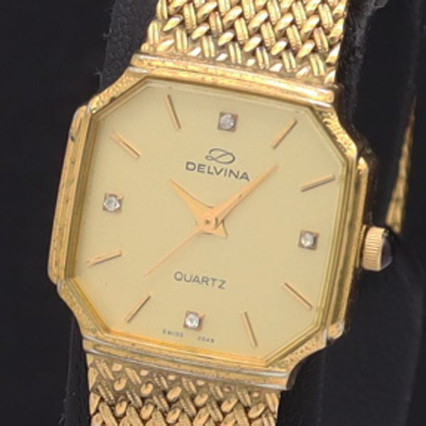 良品 デルヴィナ QZ ゴールド文字盤 石付 スクエア レディース腕時計 KNK拍卖