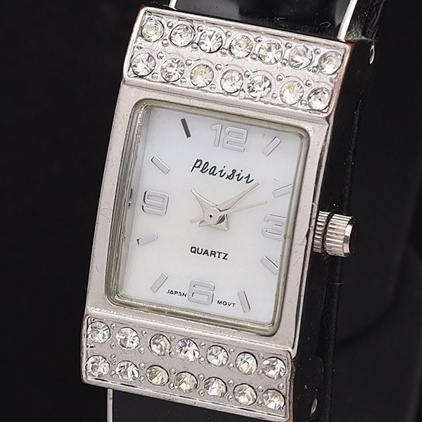 稼働 良品 プレジール QZ SH-28 白文字盤 石付 スクエア バングルウォッチ レディース腕時計 KYM拍卖