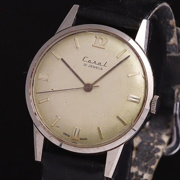 CORAL 手巻き 21石 ラウンド シルバー文字盤 メンズ腕時計 YSD拍卖