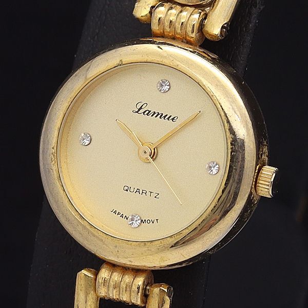 良品 ラムー QZ 20-520 アクシス ゴールド文字盤 石付 ラウンド レディース腕時計 NKG拍卖