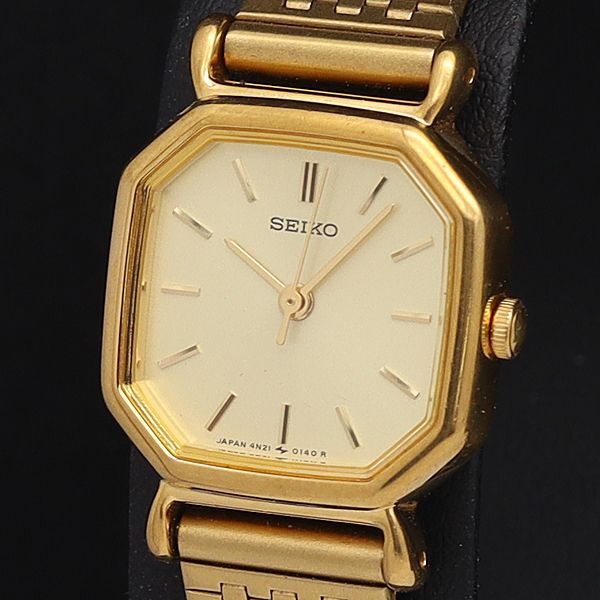 良品 セイコー QZ 4N21-5022 ライトゴールド文字盤 オクタゴン レディース腕時計 KYM拍卖