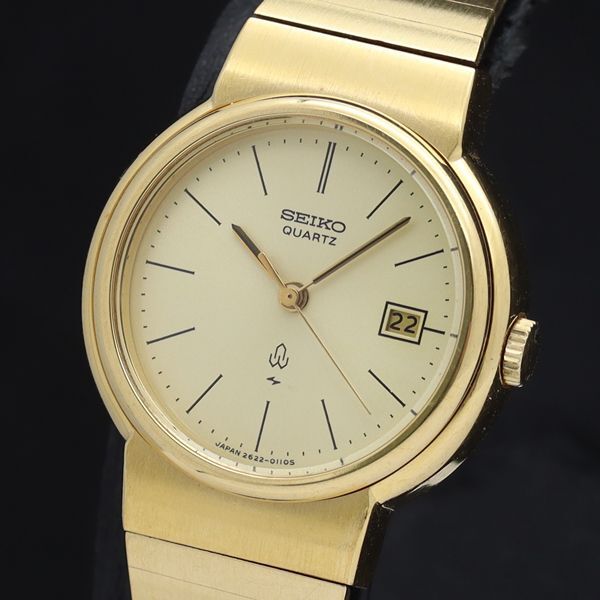 稼働 良品 セイコー QZ 2622-0070 ゴールド文字盤 デイト ラウンド レディース腕時計 IKE拍卖
