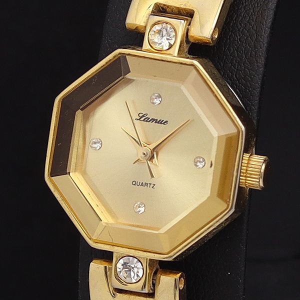 ラムー QZ ゴールド文字盤 石付 オクタゴン カットガラス レディース腕時計 KYM拍卖