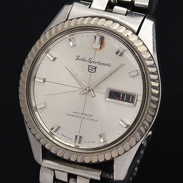 セイコー AT/自動巻 6619-8090 セイコー5 スポーツマチック 21石 シルバー文字盤 デイデイト ラウンド メンズ腕時計 IKE拍卖