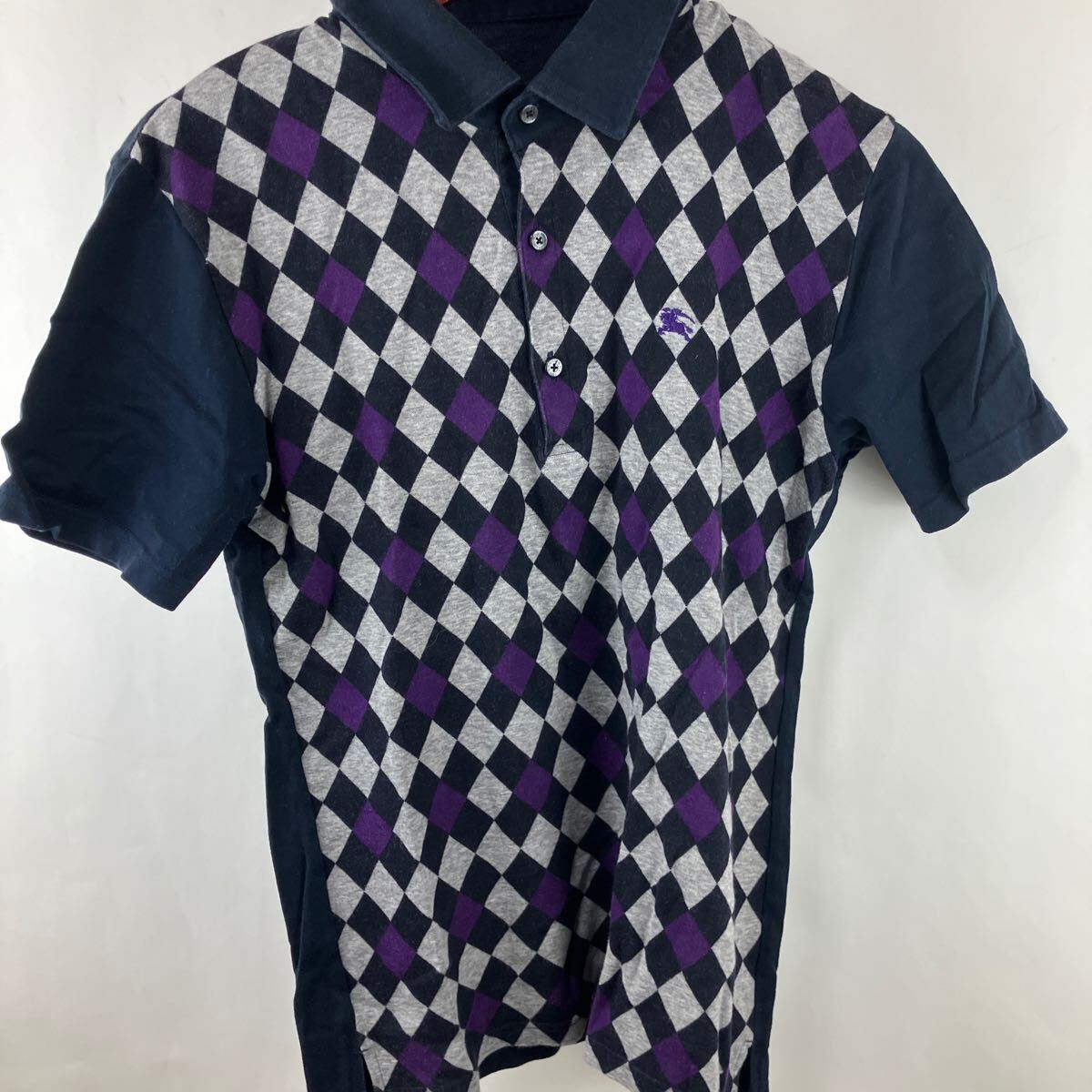 BURBERRY バーバリー Tシャツ 半袖 紺色 半袖ポロシャツ Mサイズ レディース メンズ 半袖Tシャツ ダイヤ柄 刺繍 アーガイル 拍卖