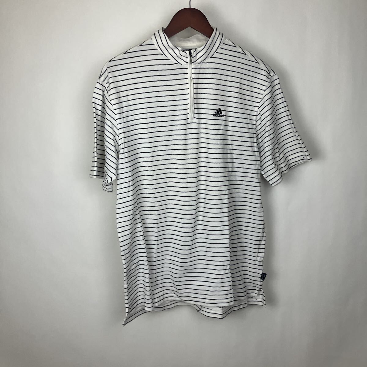 adidas アディダス ゴルフウェア 半袖 Lサイズ ポロシャツ 半袖ポロシャツ ゴルフ 縞模様 ホワイト ワンポイント拍卖