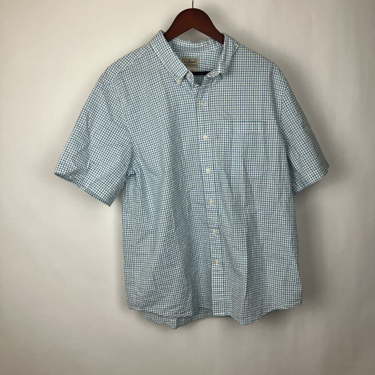 エルエルビーン シャツ ボタンダウン チェック 半袖 半袖シャツ XLサイズ ブルー メンズ 男性向け トップス 上着拍卖