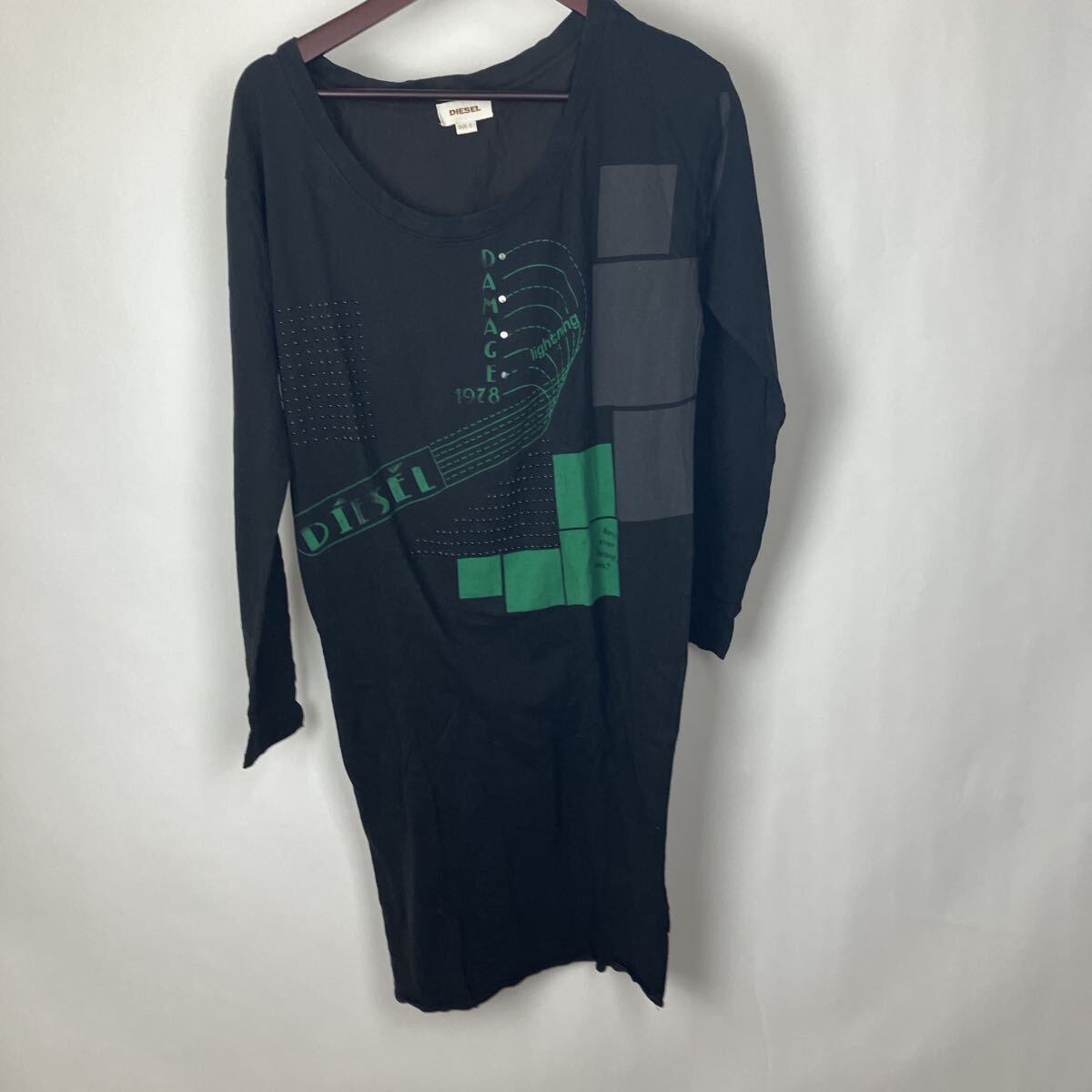 長袖 ワンピース 黒 Tシャツ ひざ丈 Mサイズ グリーン レディース 女性用 トップス ロングTシャツ拍卖