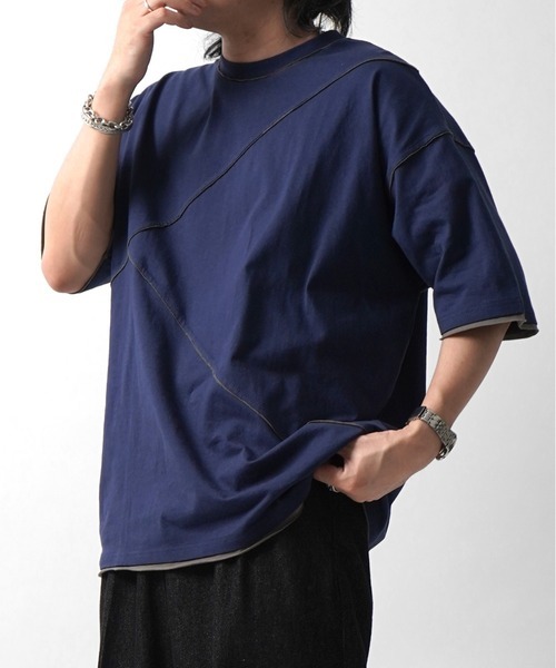 【新品未使用】 Confirm コンファーム カットオフ switching 切替 M ネイビー 半袖Tシャツ オーガンジー カットソー 紺 綿100% コットン拍卖