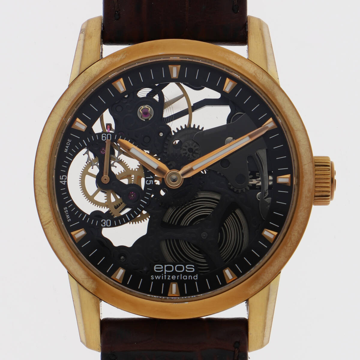EPOS エポス スケルトン ブラックダイヤル GP/レザー/(型押し) 手巻き メンズ【135220】拍卖