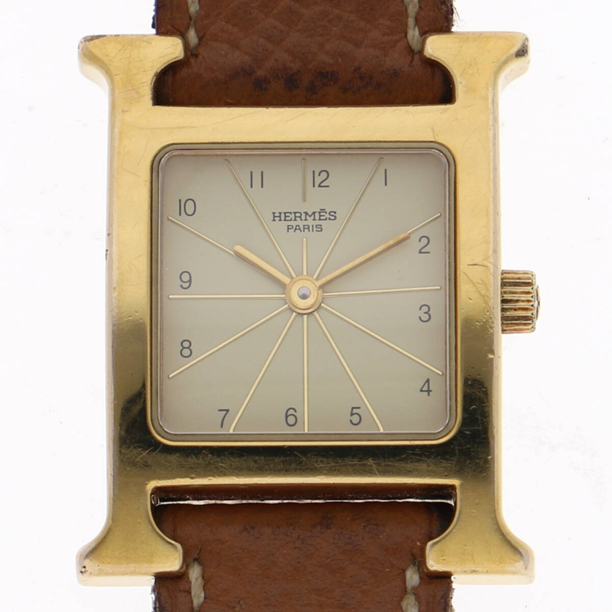 HERMES エルメス HH1.201 Hウォッチ ゴールドダイヤル GP/レザー/(クロコ) クオーツ レディース【135086】拍卖